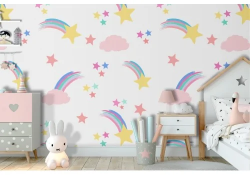 Children's wallpaper decoration stars and rainbows.