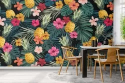 Carta da Parati decorazione fiori e foglie vintage.