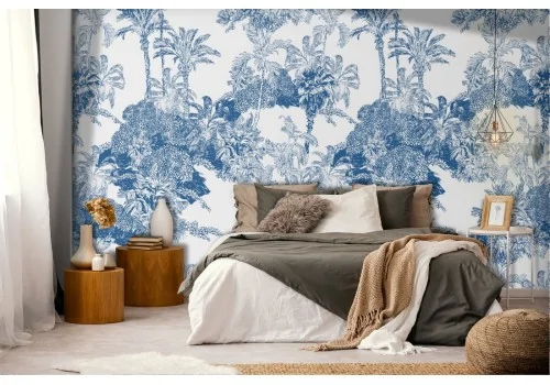 Tropical wallpaper decoration with palms and flowers.