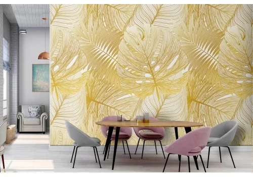 Carta da Parati foglie tropicali stilizzate oro.