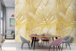 Carta da Parati foglie tropicali stilizzate oro.