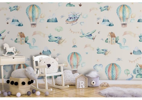 Wallpaper decoration for children with hot air balloons and airplanes.