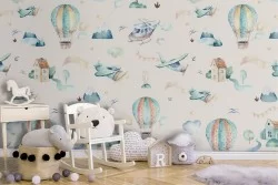 Wallpaper decoration for children with hot air balloons and airplanes.