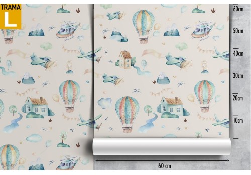Wallpaper decoration for children with hot air balloons and airplanes. 2