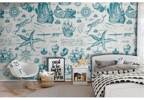 Wallpaper decoration mermaids and sailing ships.