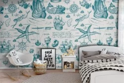 Wallpaper decoration mermaids and sailing ships.