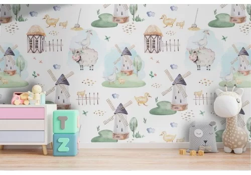 Carta da Parati decorazione bambini animali campagna.