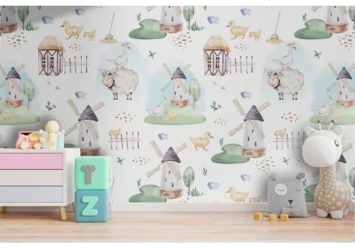 Wallpaper decoration children animals countryside.