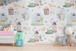 Wallpaper decoration children animals countryside.