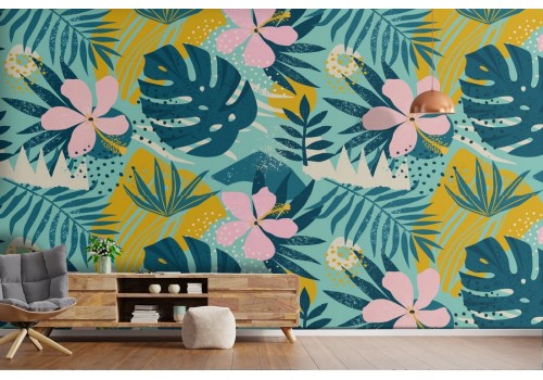 Tropical leaves and flowers wallpaper.