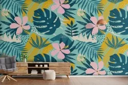 Carta da Parati natura foglie tropicali e fiori.