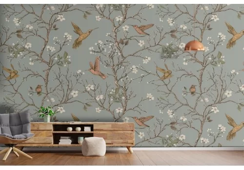 Carta da Parati uccelli e fiori pattern natura.