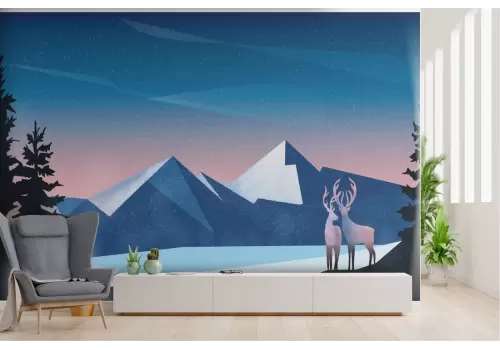 Carta da Parati paesaggio bosco stilizzato cervi