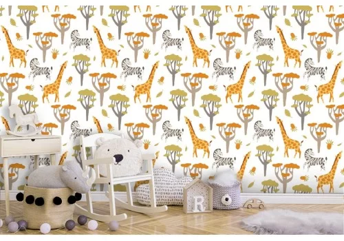 Carta da Parati bambini giraffe e zebre pattern.