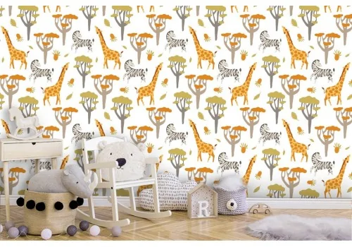 Children's wallpaper with giraffe and zebra pattern.