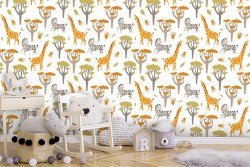 Carta da Parati bambini giraffe e zebre pattern.