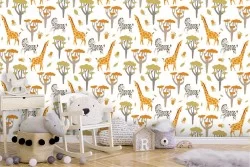 Children's wallpaper with giraffe and zebra pattern.
