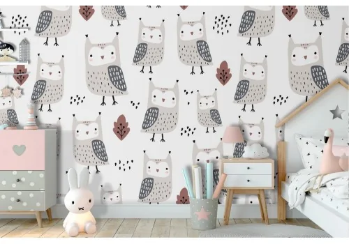 Children's wallpaper with stylized owl pattern.