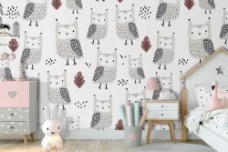 Children's wallpaper with stylized owl pattern.