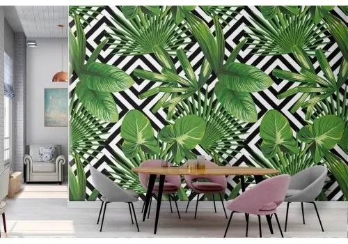 Tropical leaves nature wallpaper and geometric decoration.