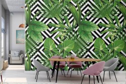 Tropical leaves nature wallpaper and geometric decoration.