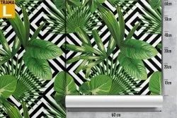 Carta da Parati natura foglie tropicali e decorazione geometrica.