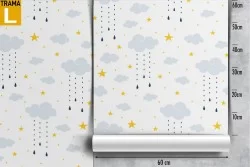 Children's wallpaper with clouds and stars pattern.