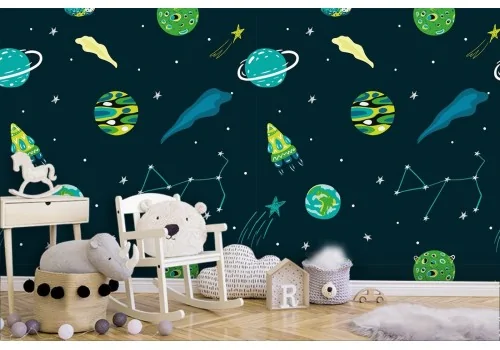 Children's wallpaper with planets, space and rockets.