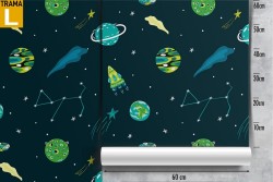 Children's wallpaper with planets, space and rockets.