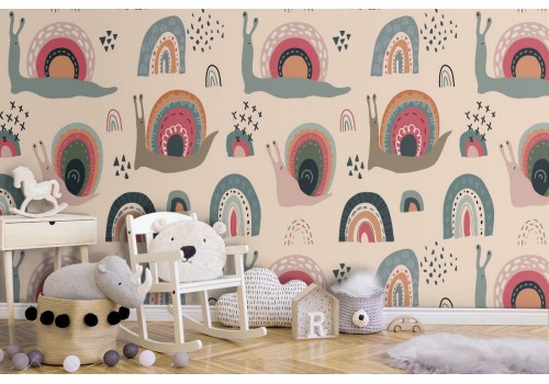Children's wallpaper with rainbows and snails.