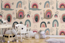 Children's wallpaper with rainbows and snails.