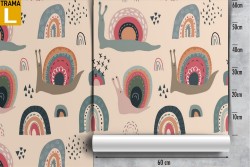 Children's wallpaper with rainbows and snails.