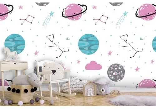 Carta da Parati bambini pianeti e stelle stilizzati.