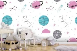 Carta da Parati bambini pianeti e stelle stilizzati.