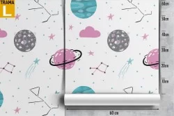 Carta da Parati bambini pianeti e stelle stilizzati.