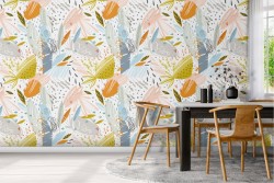 Carta da Parati natura foglie e fiori stilizzati.