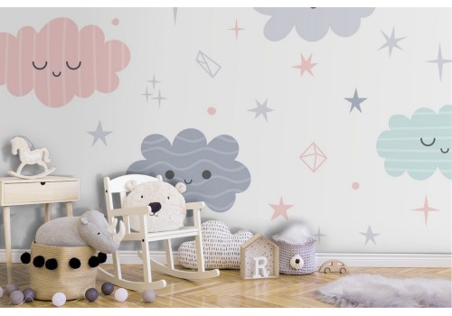 Children's wallpaper pattern with smiling clouds.