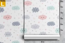 Children's wallpaper pattern with smiling clouds.