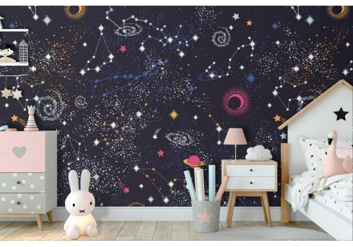 Children's Wallpaper with starry sky and planets.