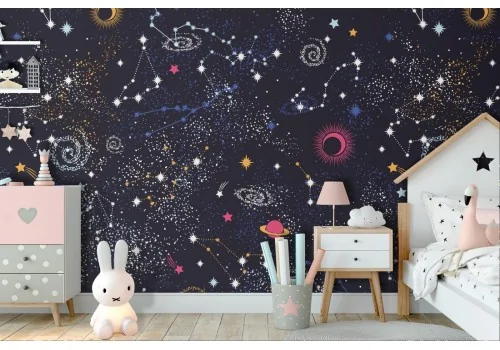 Children's wallpaper with starry sky and planets.