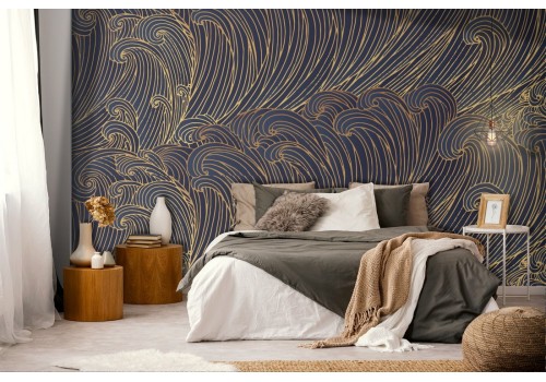 Wallpaper with stylized oriental wave pattern.