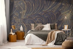 Wallpaper with stylized oriental wave pattern.