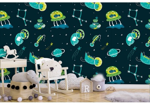 Children's wallpaper pattern with aliens and planets.