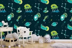Children's wallpaper pattern with aliens and planets.