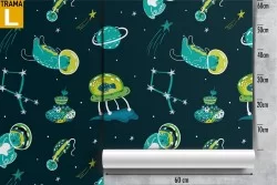 Children's wallpaper pattern with aliens and planets.
