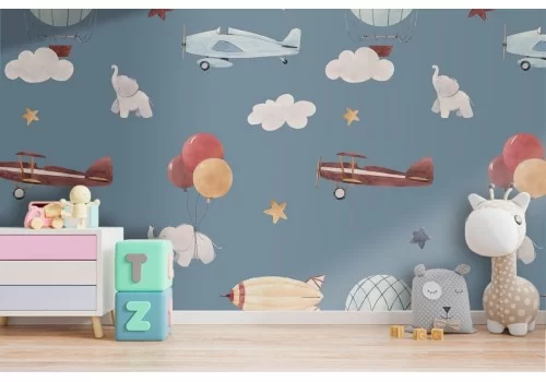 Carta da Parati bambini mongolfiere e aerei pattern.