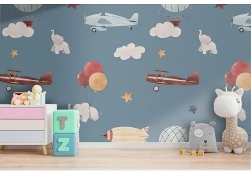 Wallpaper children hot air balloons and airplanes pattern.