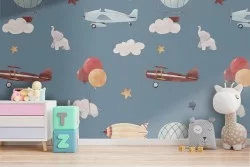Children's wallpaper with hot air balloons and airplanes pattern.