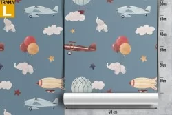 Children's wallpaper with hot air balloons and airplanes pattern.