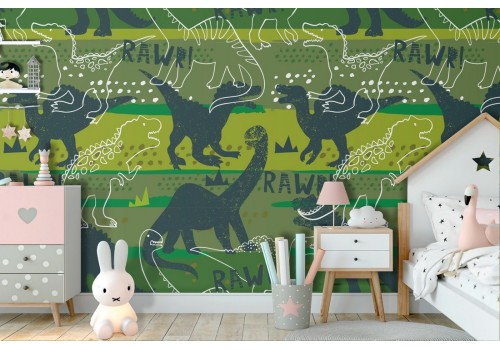 Children's wallpaper with stylized dinosaur pattern.